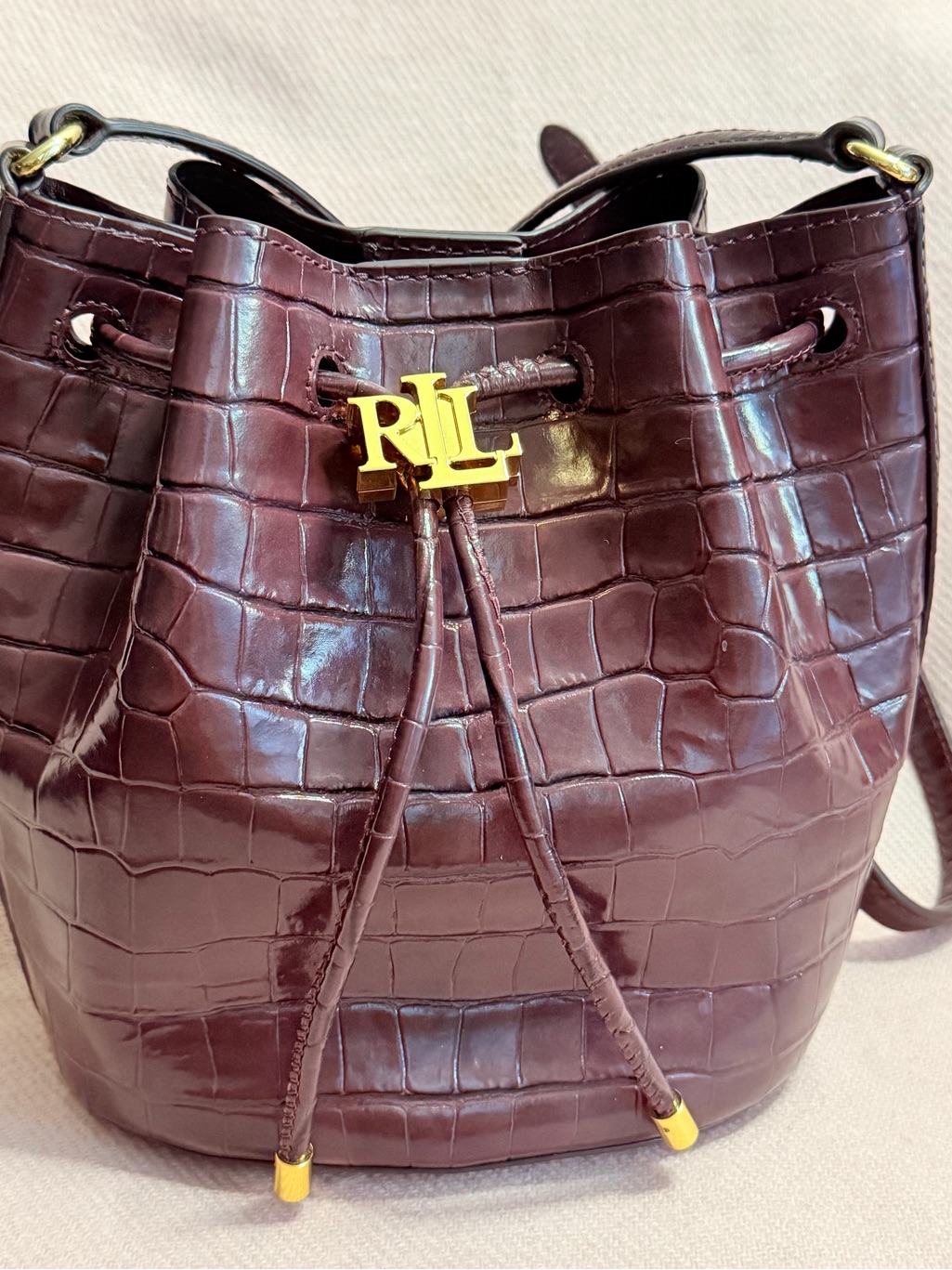 Lauren Ralph Lauren Croc-Embossed Drawstring Bucket Bag In Burgundy